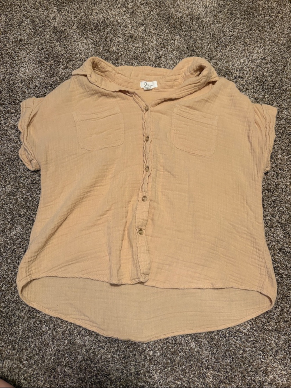 Jasona Women's Button-Front Short Sleeve Gauze Shirt in Beige-Tan